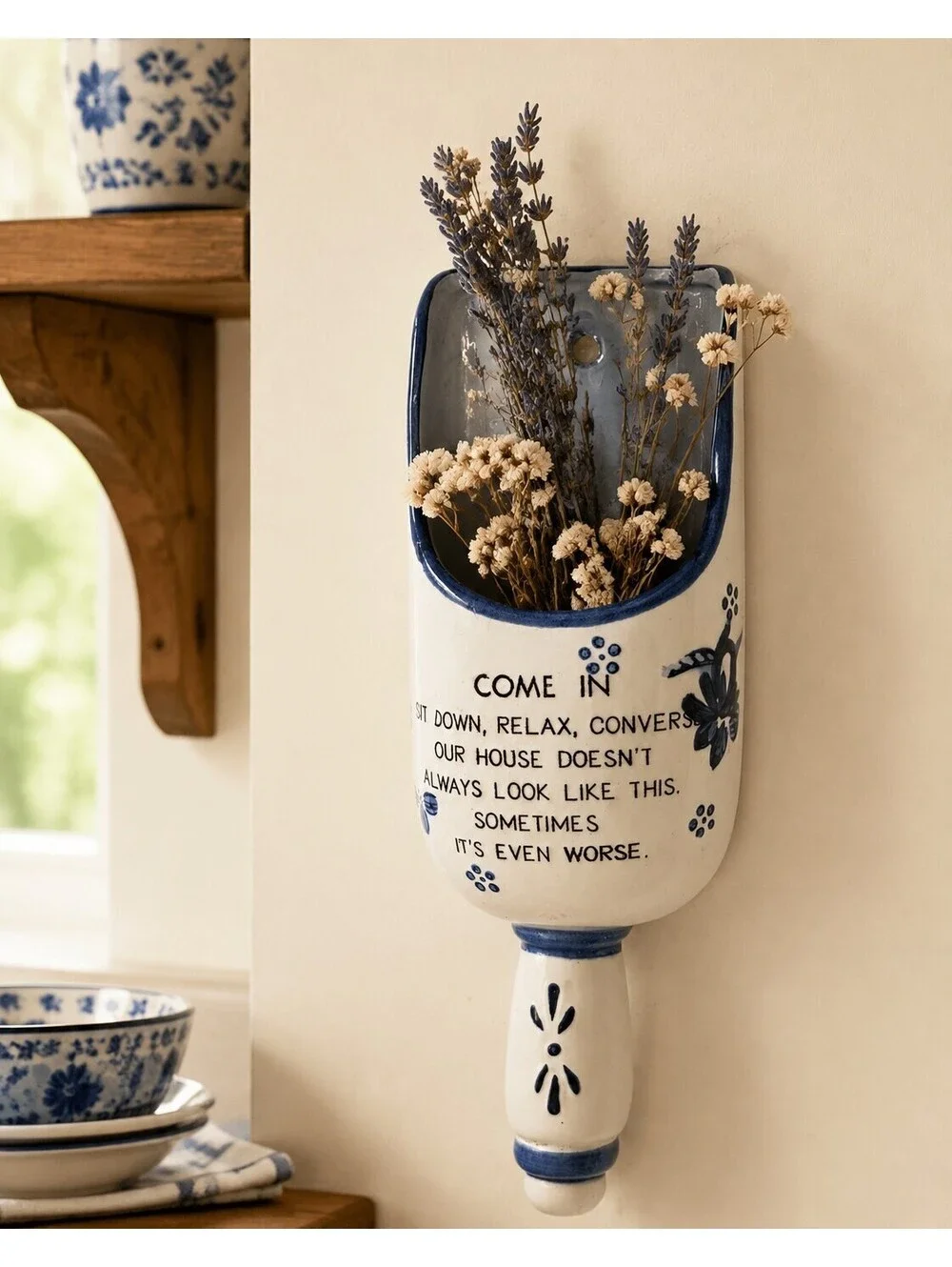 Vintage Ceramic Scoop Wall Pocket Planter Blue White Funny House Quote